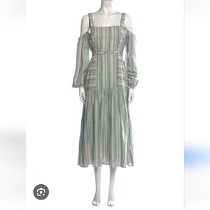 GUL HURGEL Dress Womens Large Green Pink Striped Linen Midi Dress Long Sleeve‎